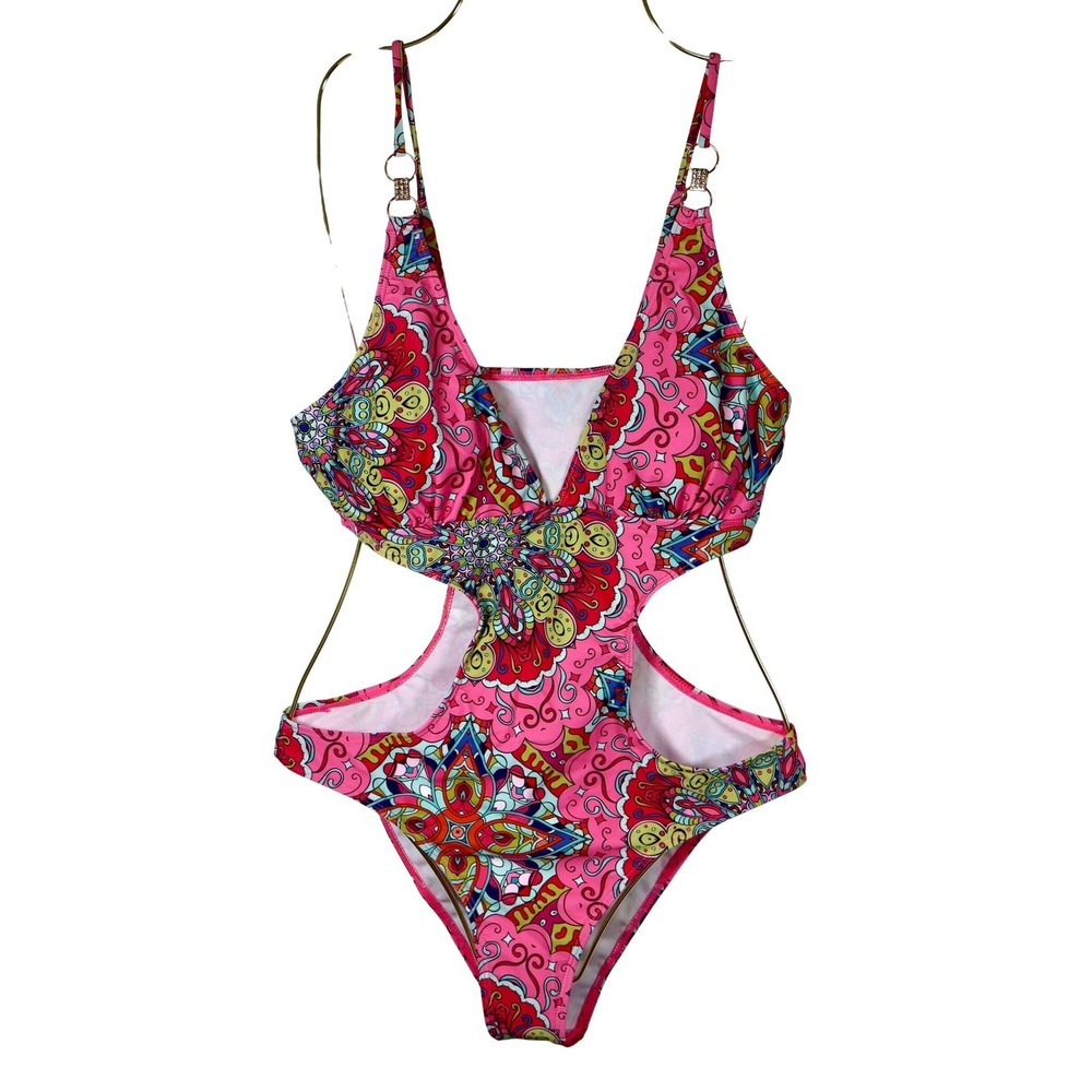 Cutout One Piece Swimsuit PINK Floral Print Rhinestone Detail Size‎ L Shein NEW